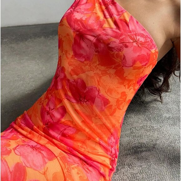 Women's Floral One Shoulder Bodycon Maxi Dress Summer Wedding Formal - Picture 5 of 5